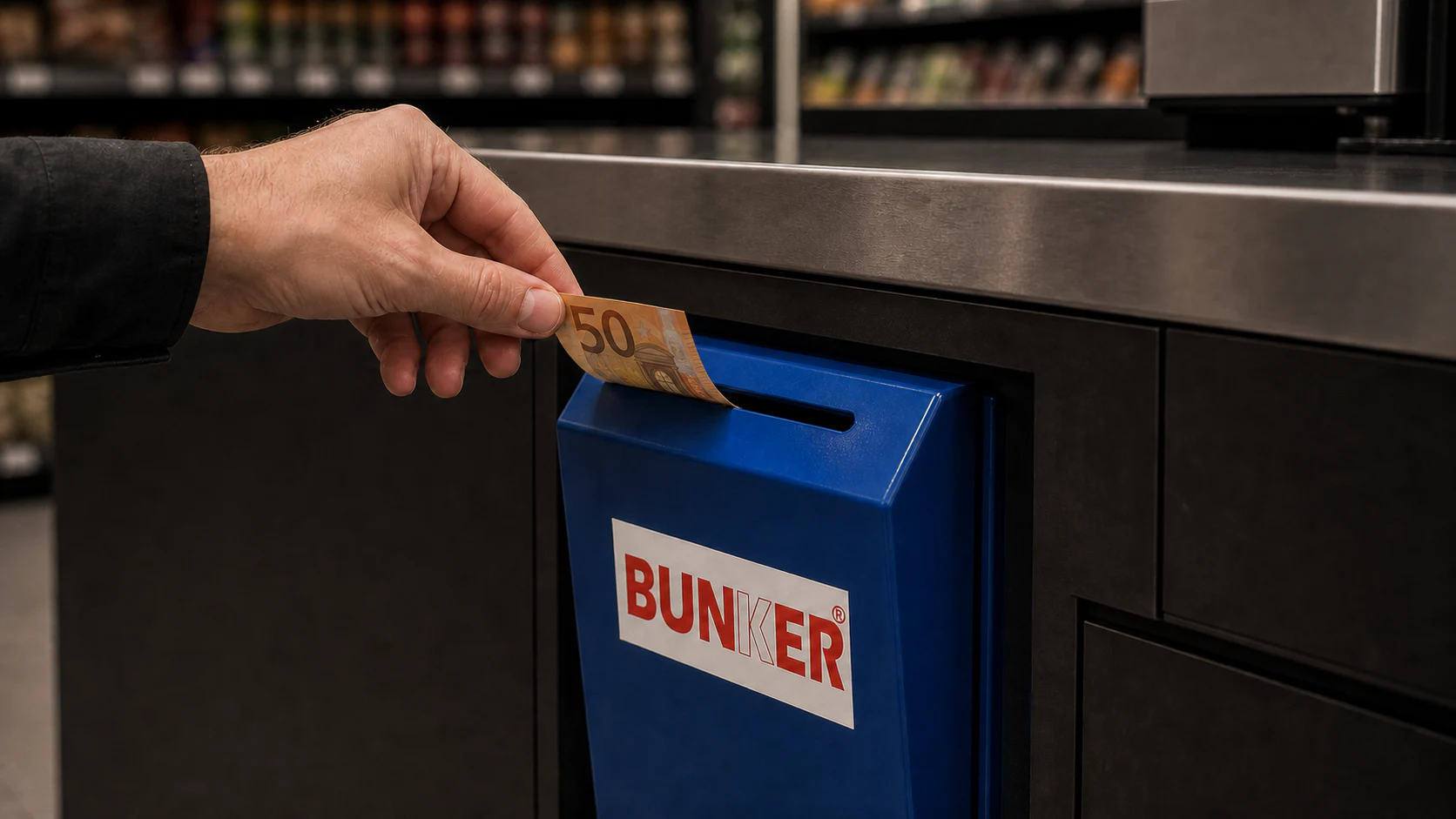 Staff member depositing a fifty euro banknote into the under-counter Bunker XL slot