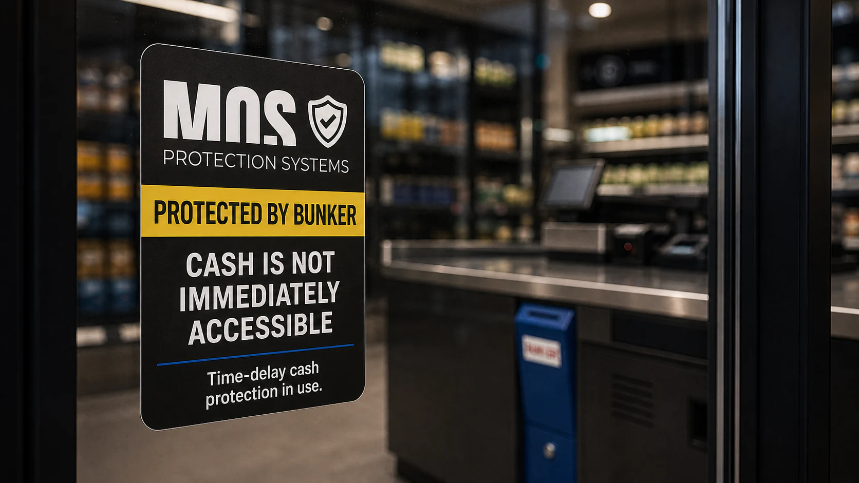 MOS Protection Systems window decal warning that Bunker-protected cash is not immediately accessible