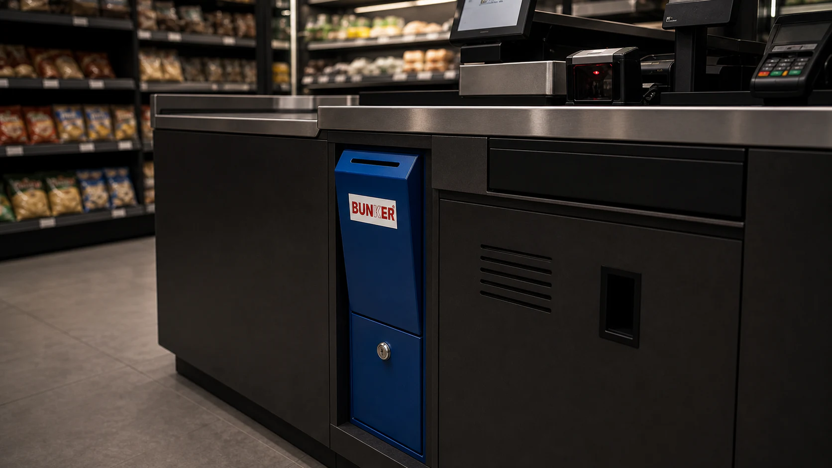 Blue Bunker XL securely integrated beneath a convenience-store checkout counter