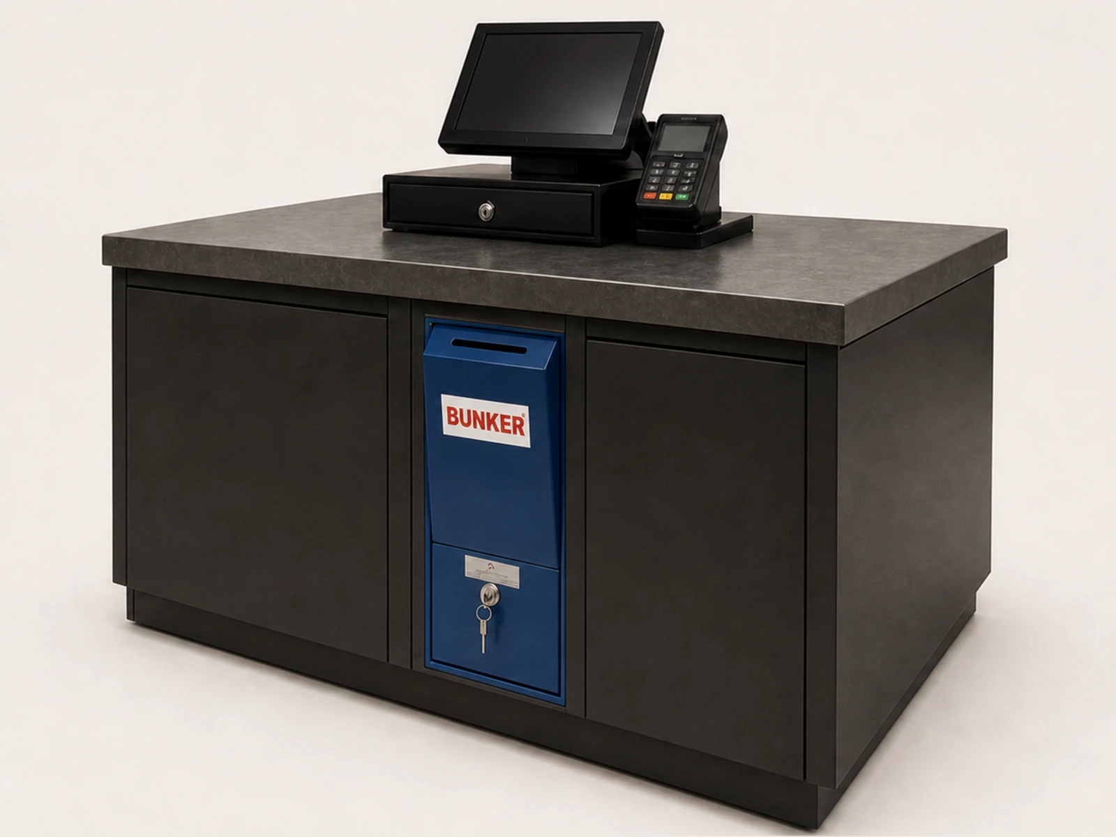 Blue Bunker XL integrated into the front of a retail checkout counter